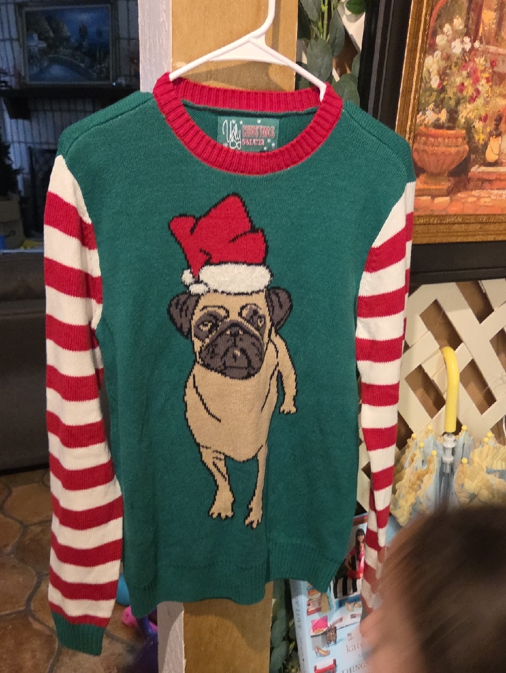 Ugly Christmas Sweater Green Red White Pug Santa Sweater